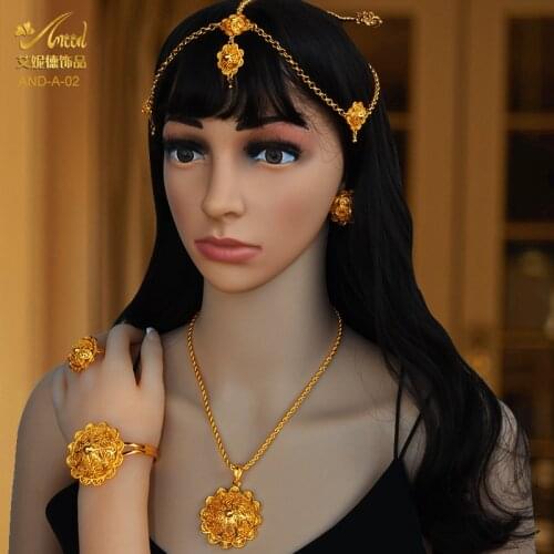 Dubai Gold Ethiopian Jewelry Sets For Women Hair Chain Necklace Clip Ring Hairpin Bracelet Set African Eritrean Wedding Gifts