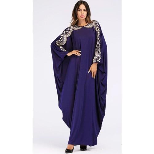 Fashion Muslim Abaya Dubai Dress For Women Blue Vintage Ethnic Loose Bat Sleeve Robes Dashiki African Clothes Djellaba Femme