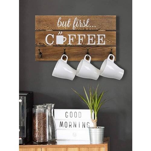 Wall Mounted Cup Organizer 5 Hooks Rustic Coffee Mug Holder Water Cup Drinkware Hanging Home Kitchen Display Storage Decorations