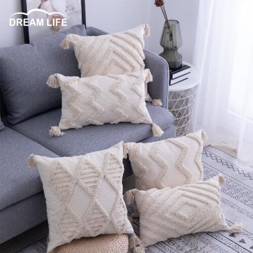 Tassels Cushion Cover 45x45cm/30x50cm Beige Pillow Cover Handmade Square Home Decoration for living Room Bed Room Zip Open