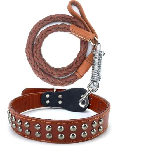 Rivets Cowhide Dog Collar Dog Necklace Medium And Large Dogs Traction Rope Adjustable Puppy Leash Dog Harness Pet Supplies S,M,L
