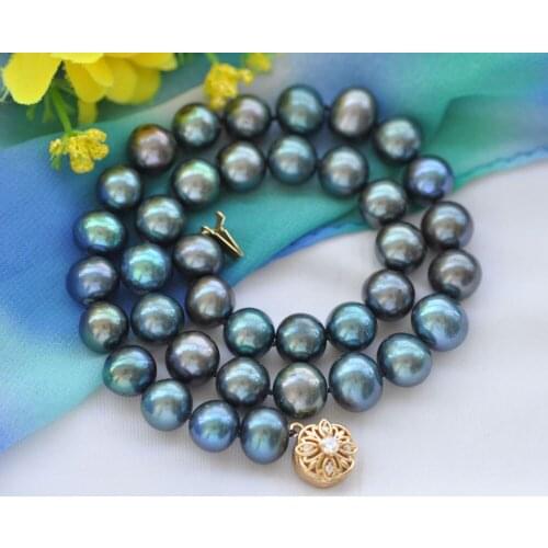 P7708 17" 12mm Peacock-Black Round Freshwater Pearl Necklace