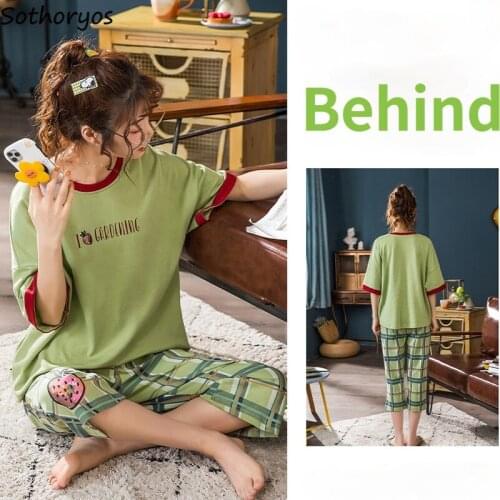 Pajama Sets Women Short Sleeve Cartoon Printed Kawaii Loose Soft Fashion Plus Size 3XL 4XL Ruffles Elastic Waist Casual Ulzzang