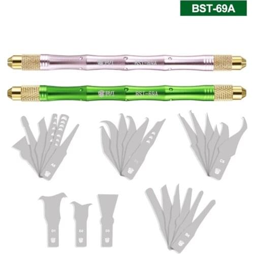BST-69A Stainless Steel Craft Cutting Pry Knife with 27 Blades CPU BGA IC Chip Glue Removal Tool for Phone Motherboard Repair