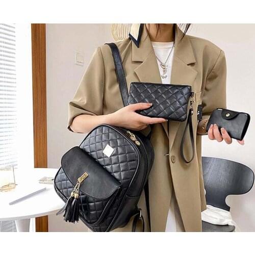 Free Shipping New Style Womens Tassels Leather Backpack Fashion Diamond Lattice Travel Shoulder Bags Girls With Purse Card Bag