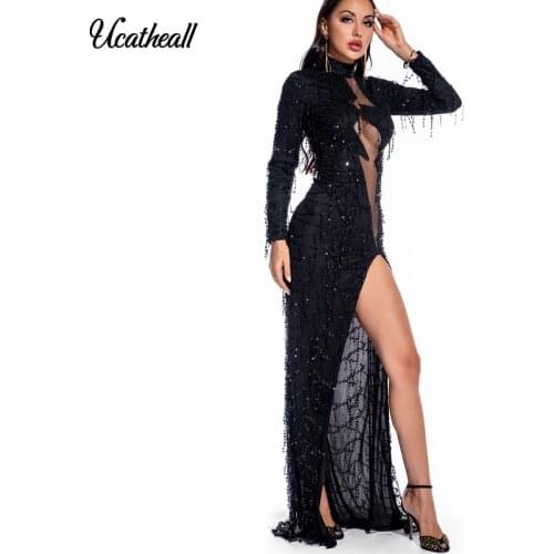 Stand Neck Sequin Shining Long Dress Sequin Fringe Tassel Glitter Back Zipper High Split Party Dress Mesh Chest Dress For Women