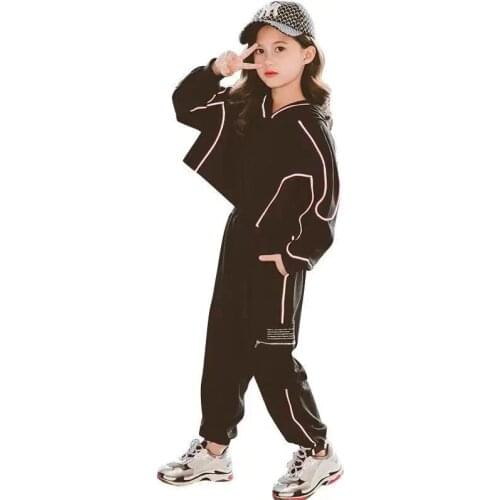 Spring Kids Girls Sets Black Hoodie Sweatshirts Reflective Strip Pant 2 Pcs Suits Harem Pants Sports Outfits Hip Hop Tracksuit