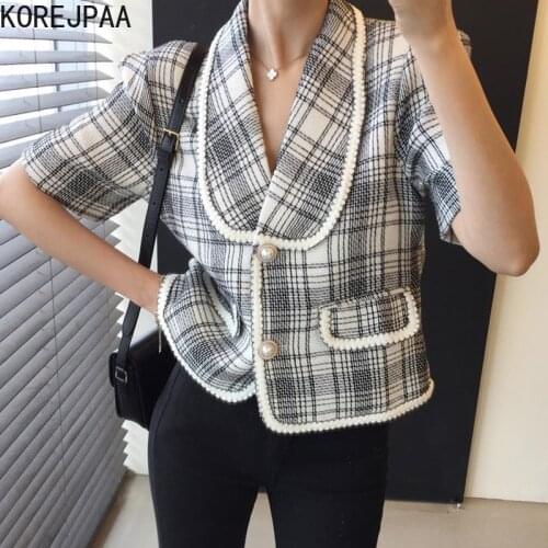 Korejpaa Women Jacket 2021 Summer Korean Chic Ladies Retro Temperament Lapel Contrasting Bezel Check Two-Button Loose Tweed Coat