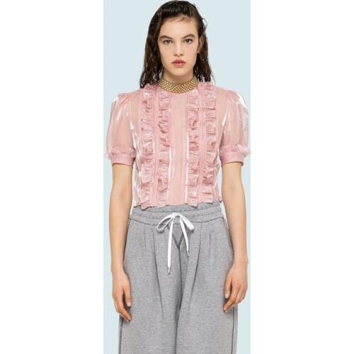 2021 spring and summer new sweet round neck puff sleeve chiffon shirt, diamond-studded folds ruffled short T-shirt top women