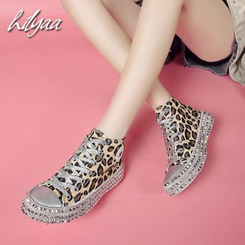 Leopard Print Canvas Sneakers For Women Rhinestone Sequin Flat Female Vulcanized Shoes Low High-Top Woman Canvas Shoes 35-43