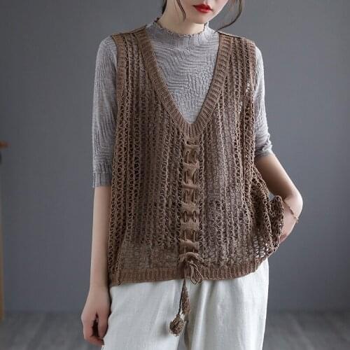 QPFJQD Ladies Cotton Knitted Vest V-neck Retro Drawcord Loose Spring Autumn Women Simple Hollowed Out Vest Sleeveless