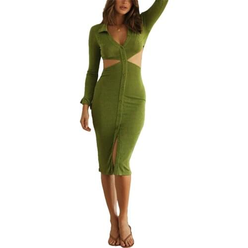 Elegant Women Sexy Hollow Out Long Dress 2021 New Solid Turn-down Collar Long Sleeve Slit Bodycon Dress Female Casual Dress