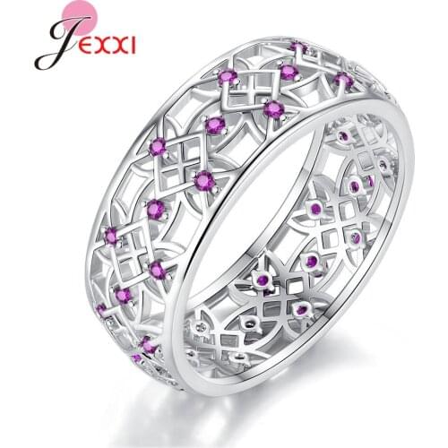 New Fashion 925 Sterling Silver Wide Finger Rings For Women Girls White/Fuchsia Color Cubic Zirconia Wide Rings For Wedding