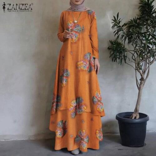 ZANZEA Women Dubai Turkey Abaya Hijab Dress Vintage Floral Printed Long Sleeve Maxi Sundress Muslim Islamic Clothing Robe Femme