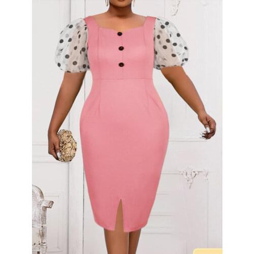 Women Dresses Polka Dot Short Lantern Sleeves Elegant Office Ladies Patchwork Summer 2021 Classy Pink Dress Button Plus Size 5XL