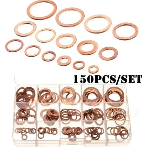 150PCS Solid Copper Crush Washers Kit 15Sizes Assorted Seal Flat Ring Gasket Set Plug Washer M6/M8/M10/M12/M14/M16/M18/M20/M22