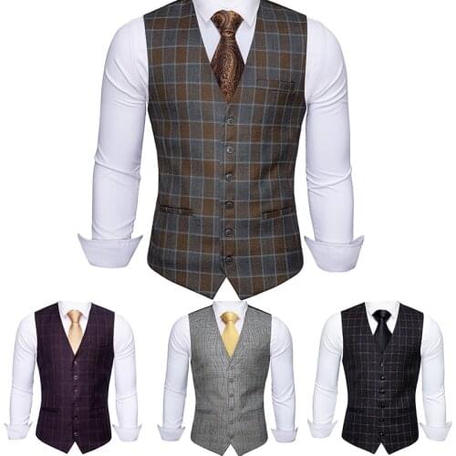 5 Colors Plaid New Style Suit Vest for Men Tie Set Slim Fit V-neck Collarless Male Waistcoat Gilet Casual Business Barry.Wang