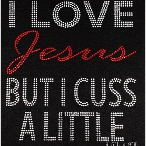 Free shipping I love juesus rhinesotne iron on transfer design for garment for clothing red with white clear crystal