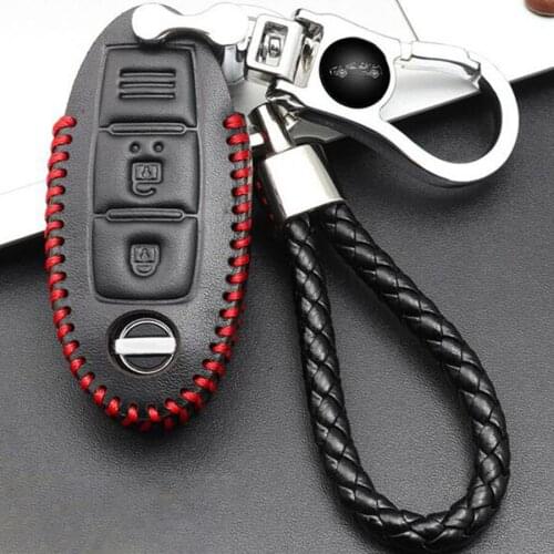 Car Remote Key Bag Case Holder Cover Genuine Leather Black For Nissan