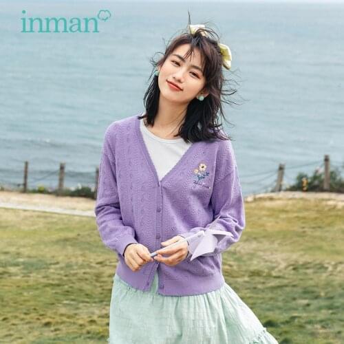INMAN Spring Autumn Womens Sweater Lady Sweet Style V-Neck Hollow Out Embroidery Dropped Shoulder Single-Breasted Cardigan