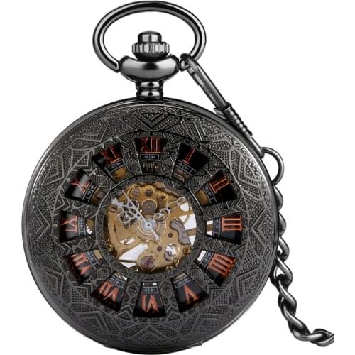 Flip Cover Hollow Pocket Watch Black Manual Machinery Special Rose Golden Roman Numerals Dial Small Clock Men Woman Pendant Gift