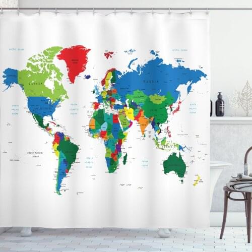 World Map Shower Curtain Set Colorful Countries and Borders View Curtain for Bathroom Decor 12 Hooks Decorative Bath Accessory