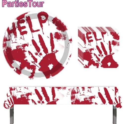 Bloody Handprint Halloween Party Tableware with Paper Plates Cups Napkins Happy Brithday Banner and Tablecloth for 10 Guests