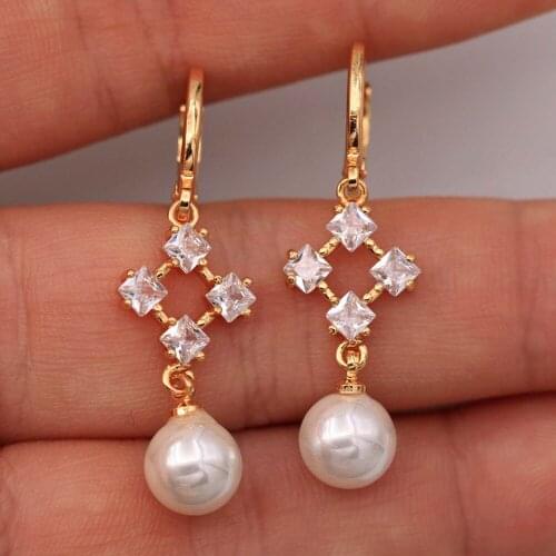 Trendy Gold Plated Copper Drop Pearl Earrings White Zirconia For Women Fashion Jewelry Accessories Wedding Anniversary Gift