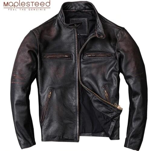 MAPLESTEED Washed Stone Milled Edging Distressed Men Leather Jacket Vintage Black 100% Natural Calf Skin Coat Men Clothing M210
