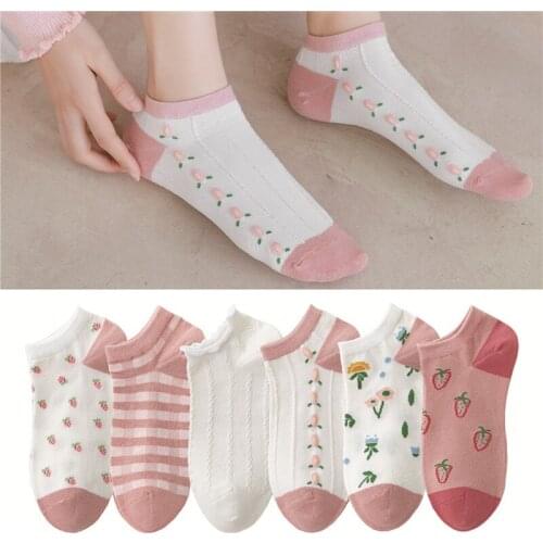 Spring And Summer Women Fashion Cotton Short Heel Boat Socks Cute Breathable Shallow Mouth Fruit Flowers Printing 6 Pairs Female