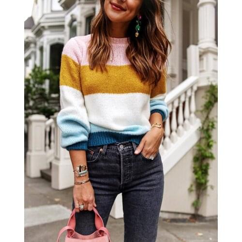 Fall 2020 Europe and The United States Ins Sweater Knitwear Popular Splicing Sweater Knitted Women Plus Size Long Sleeve