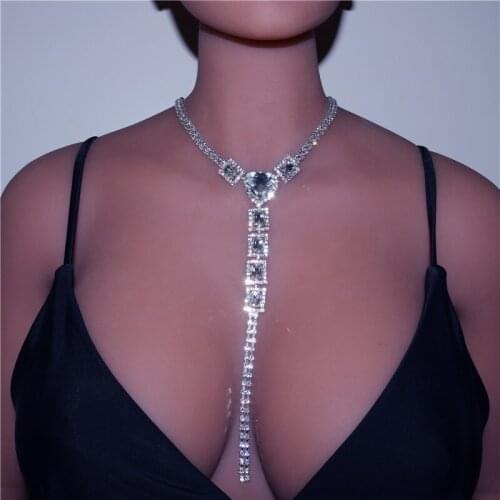 White Big Heart Crystal Stone Choker Necklace Jewelry for Women Sexy Rhinestone Body Chain Necklaces Silver Plated Dress Up