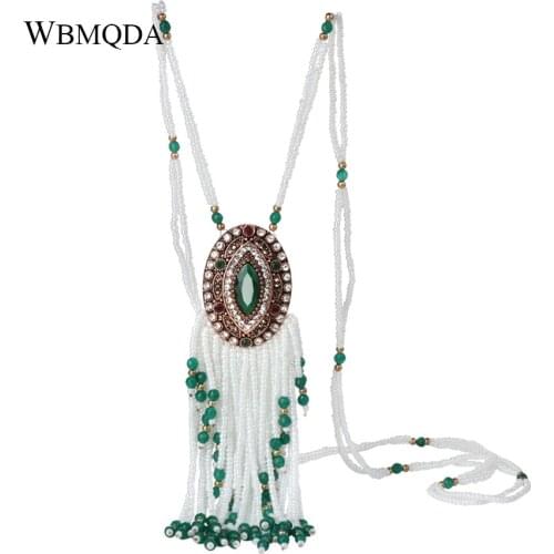 Hot Turkish Vintage Jewelry Green Crystal Bead Necklaces For Women Antique Gold Long Big Pendant Tassel Necklace Choker