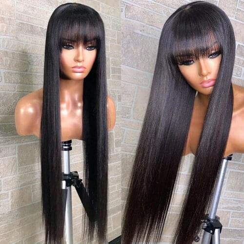 Black Heat Reaistant Hair Glueless Wig with Bangs Straight Synthetic Hair Machine Made Wig for Black Women 150% Density