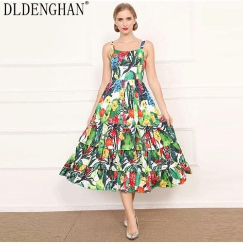 DLDENGHAN Fashion Cactus Floral Print Midi Dress Womens elegant Cascading Ruffle Spaghetti Strap Dresses Custom 2XL-5XL