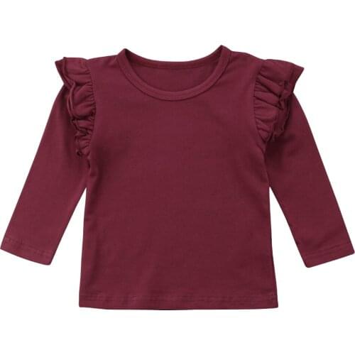 Casual Toddler Baby Girl Kids Long Sleeve Solid Color Tops Tee Cotton Clothes Ruffles Cute T-shirt