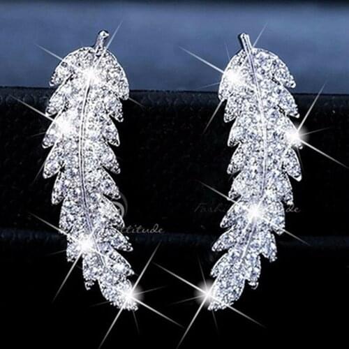 Gorgeous Feather Ear Climbers Cuff Earrings Crystal Leaves Cluster Wedding Earrings for Women