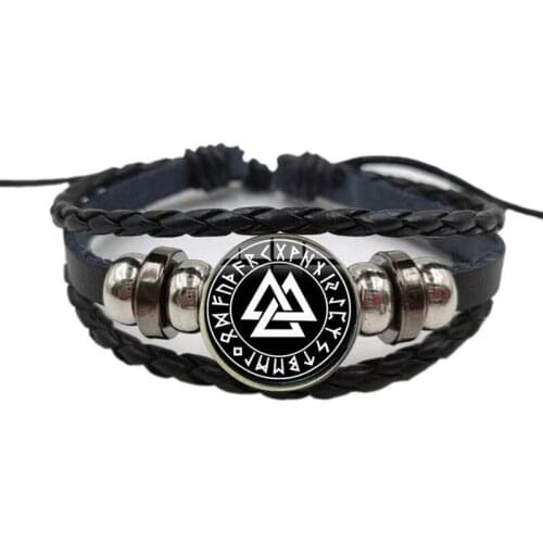 Slavic Norway Valknut Pagan Amulet Bracelet Odin Nordic Rune Symbol Glass Art Amulet Leather Bracelet Viking Jewelry