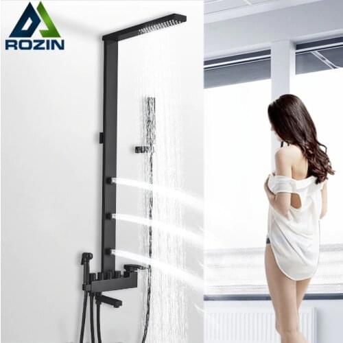 Rozin Black Bathroom Faucet Shower kit Rainfall Shower faucet Column wall mount back Spa with bidet bath Mixer Shower system