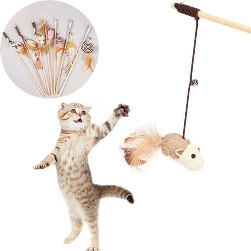 Funny Cartoon Pet Cat Teaser Toys Feather Wood Rod Mouse Toy With Mini Bell Cat Catcher Teaser Wooden Stick Cat Interactive Toys
