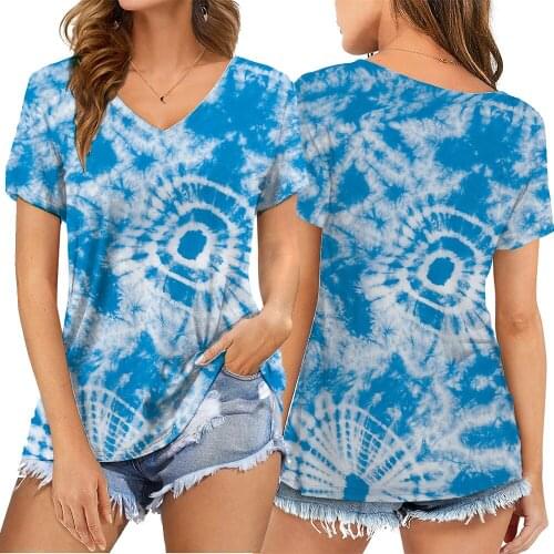 Tie dye T Shirt Bohemian Style Floral Print Women T Shirt Short Sleeve V Neck Loose Women Tshirt Ladies Summer Tops Clothes