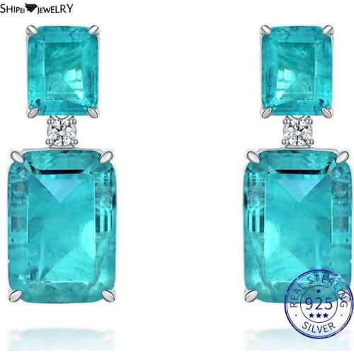 Shipei 100% 925 Sterling Silver Paraiba Tourmaline Gemstone Romantic Ear Studs Earrings For Women Wedding Fine Jewelry Wholesale