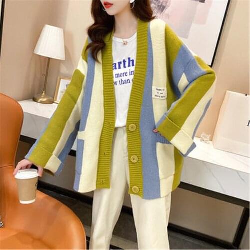 2020 new Spring Autumn lazy style rainbow striped Knitted Cardigan Jackets Women Korean Loose Sweater Coat b503