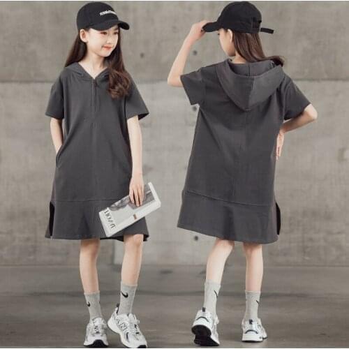2021 Summer Dress Hooded Zipper Girl Dress Kids Clothes Cotton Kids Children Dresses for Girls 6 8 10 12 14 16 Years Old