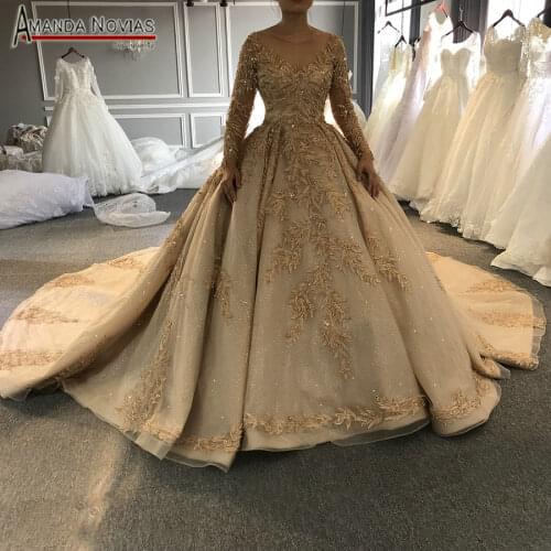 2022 Golden Full Beading Wedding Dress Sparkling Luxury Long Train Wedding Gown Not Including Veil