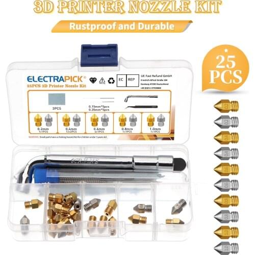 25/20PCS 3D Printer Nozzle Set 0.2/0.4/0.6/0.8/1.0mm Stainless Steel MK8 Brass Nozzles Extruder Nozzles Parts With Cleaning Tool