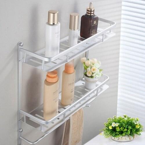 50 CM Space Aluminum 2 Layer Square Bathroom Shelf Rack Basket With Towel Bar Hooks 802916