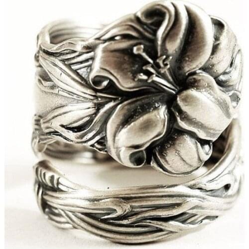 Large Silver Plated Tiger Lily Ring Hand Carved Flower Ring Pattern Ring for Her Party Anniversary Gifts Vintage Women Jewelry