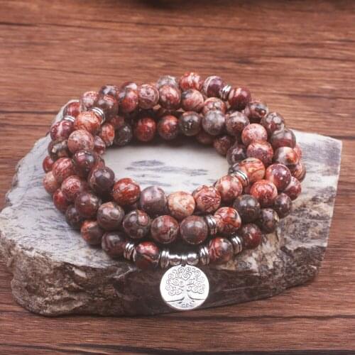Vintage Design 8mm Leopard Skin 108 Mala Bracelet Healing Wrist Tree Jewelry Natural Stone Bracelet Or Necklace For Women & Man