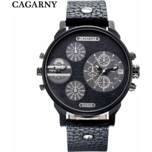 CAGARNY top Brand Men Leather strap Watches Military Quartz Sports Casual Date Clock Multiple time zones Watch Relogio Masculino